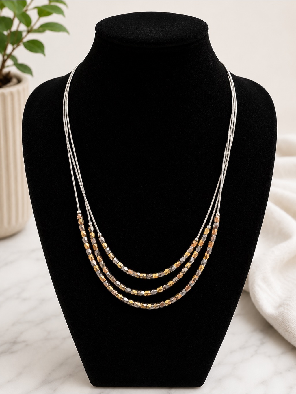 Triple Strand Metallic Faceted Bead Necklace Silver Tone Statement Jewelry